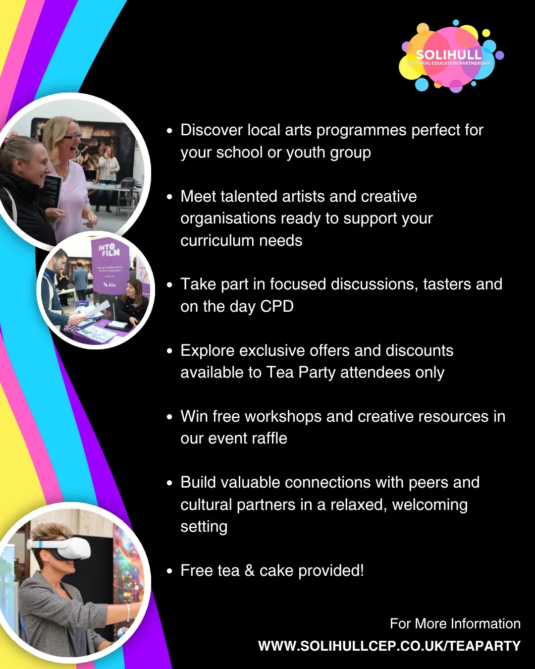 Event flyer listing what attendees can do at the Tea Party, including discovering local arts programmes, meeting artists, tasters and CPD, exclusive offers, a raffle and free tea and cake